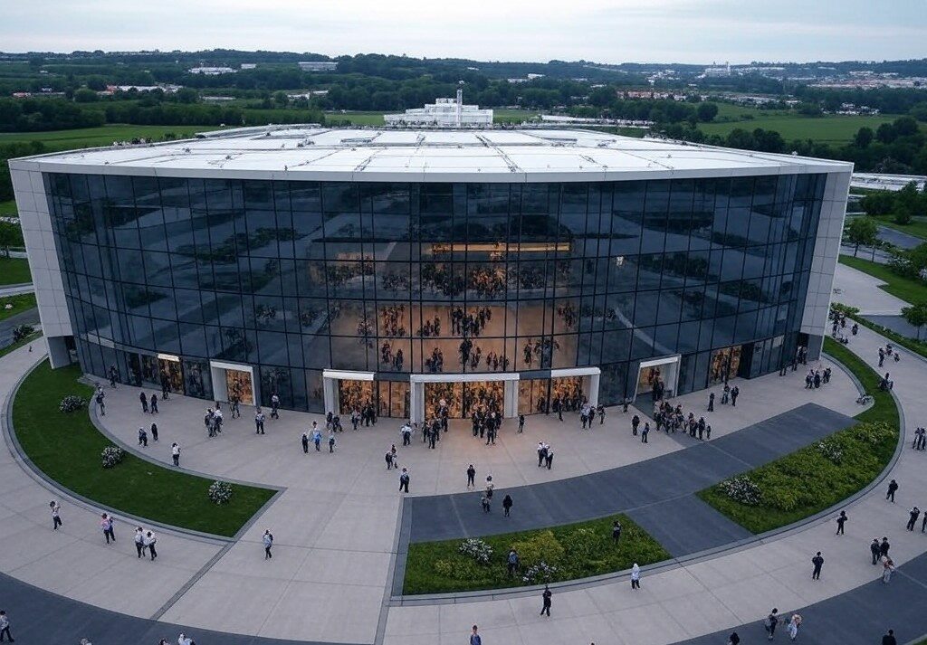 Toma aérea con dron, edificio farmaceútico