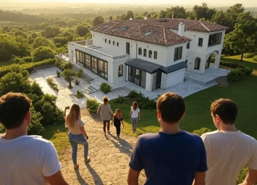 Toma aérea con dron de villa de lujo en un Open House con clientes