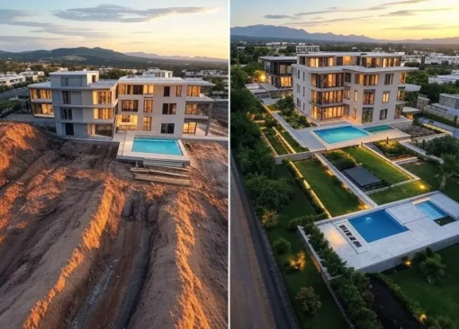 Toma aérea con dron del antes y después de una construcción