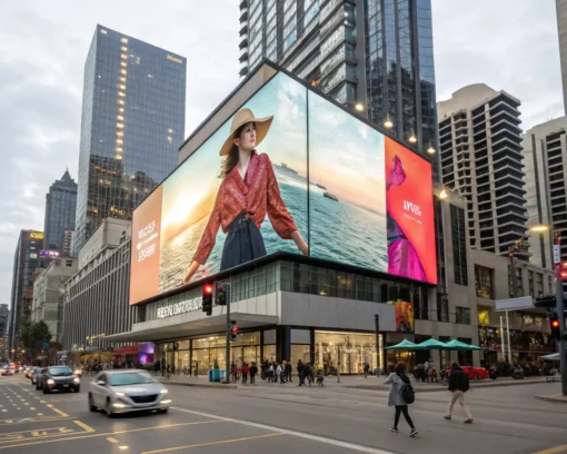 Lona publicitaria exhibida sobre fachada