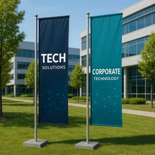 Banderas verticales fijada en empresa tecnológica
